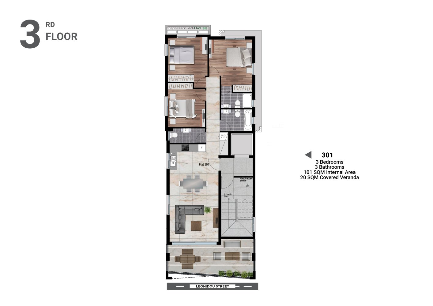 Квартира с 3 спальнями в Ларнака, Кипр № 65282